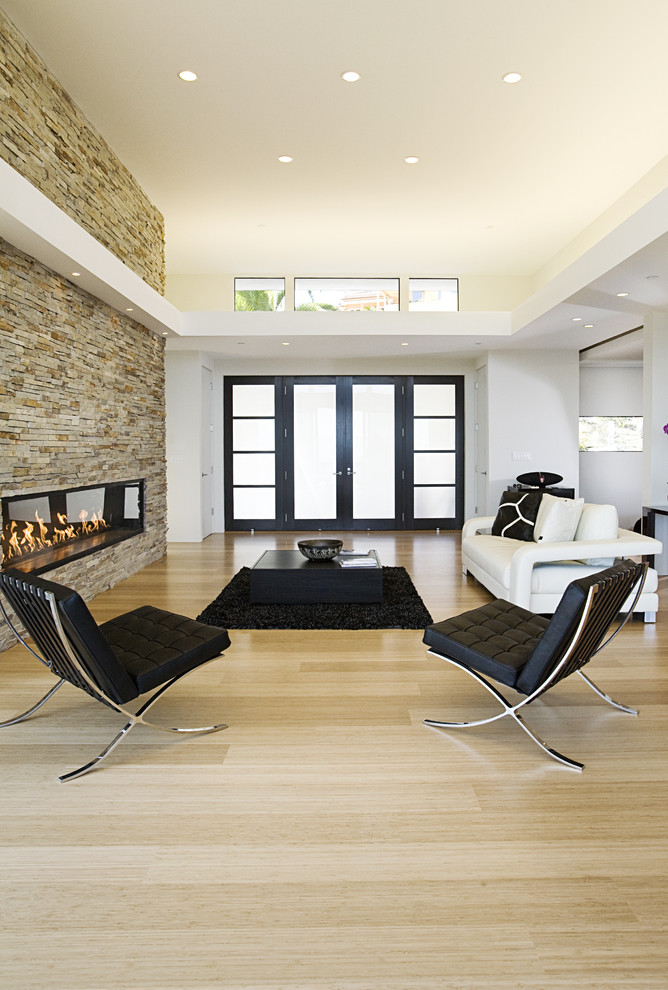 Aménagement d'un salon contemporain de taille moyenne et ouvert avec parquet en bambou, un manteau de cheminée en pierre et une cheminée ribbon.