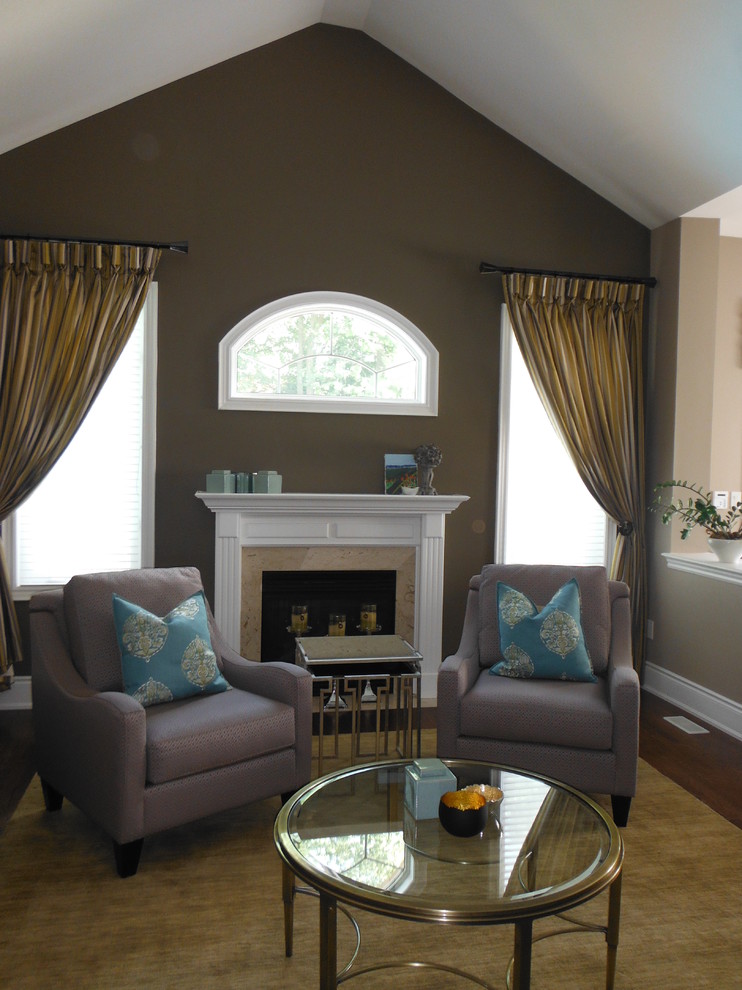 Photo of a large classic formal enclosed living room in Toronto with a standard fireplace, grey walls, dark hardwood flooring, a stone fireplace surround and no tv.