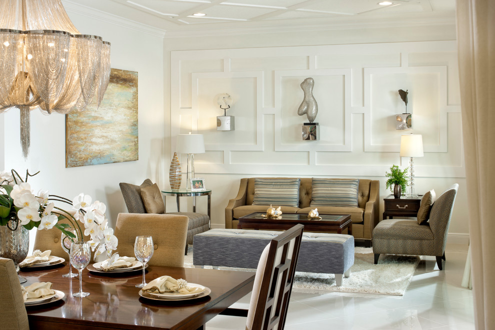 Свежая идея для дизайна: большая парадная, открытая гостиная комната в стиле неоклассика (современная классика) с белыми стенами, мраморным полом и коричневым диваном без камина, телевизора - отличное фото интерьера