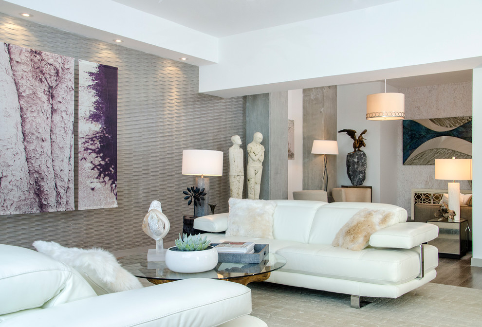 На фото: большая изолированная гостиная комната в стиле модернизм с белыми стенами и светлым паркетным полом без камина, телевизора