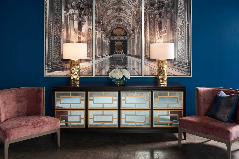 Пример оригинального дизайна: парадная гостиная комната среднего размера в современном стиле с синими стенами, полом из керамогранита и серым полом