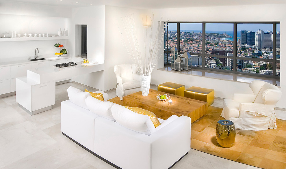 Living room - contemporary open concept marble floor living room idea in Other with white walls