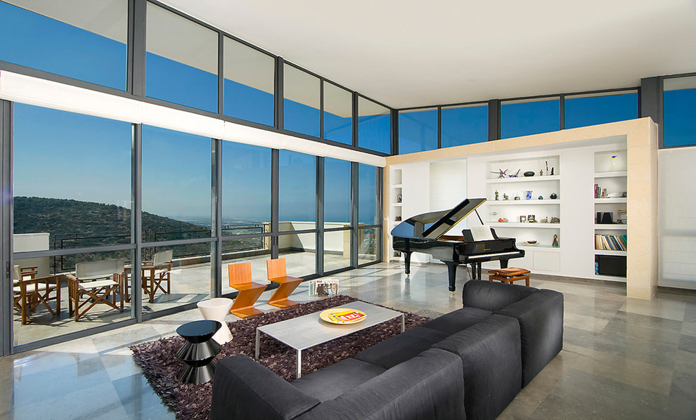 Contemporary living room in Other with a music area.