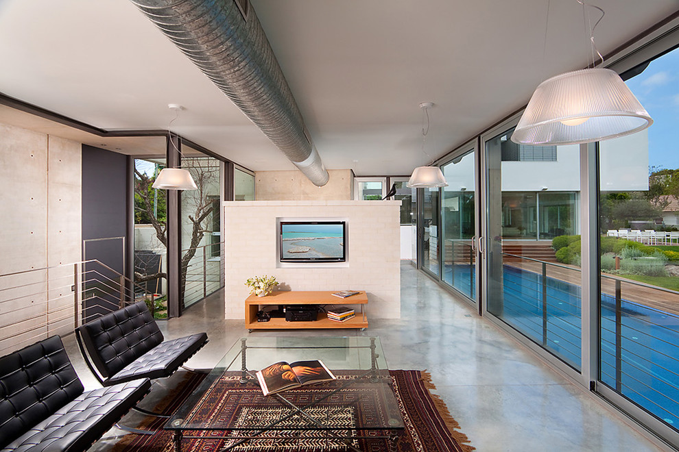 Ejemplo de salón tipo loft minimalista con suelo de cemento y pared multimedia