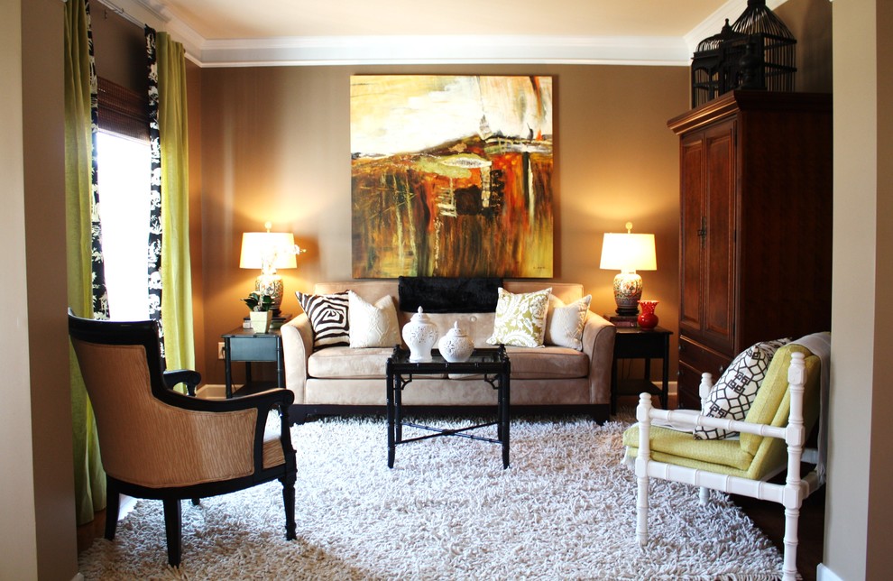 Living room - contemporary living room idea in Charlotte with brown walls