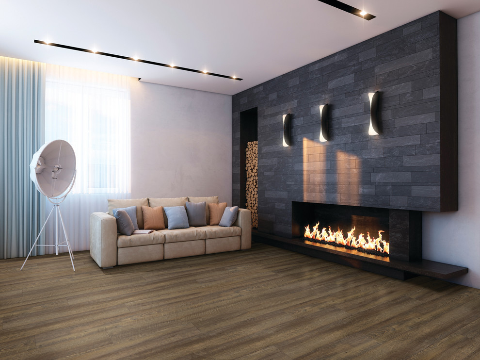 Design ideas for a medium sized contemporary open plan living room in Other with white walls, dark hardwood flooring, a ribbon fireplace, a brick fireplace surround and no tv.