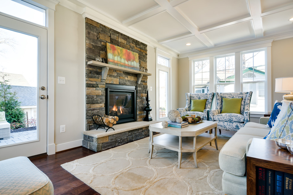 Rural living room in DC Metro with beige walls, dark hardwood flooring, a standard fireplace and no tv.