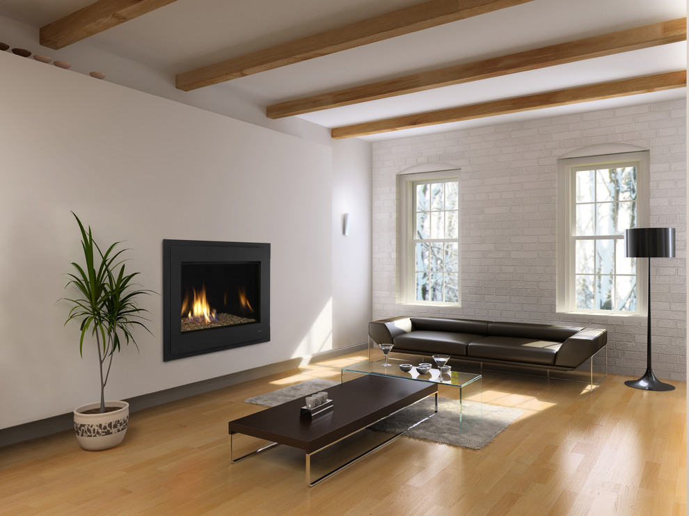 Inspiration for a mid-sized modern enclosed light wood floor living room remodel in New York with white walls, a standard fireplace, no tv and a metal fireplace