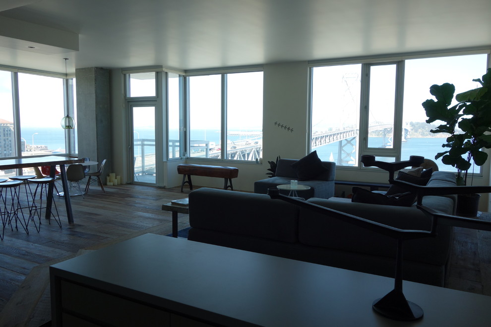 Foto di un grande soggiorno moderno aperto con pareti bianche e pavimento in legno massello medio