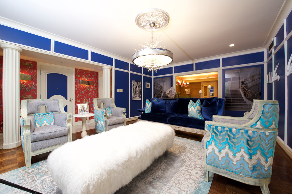 This is an example of a medium sized eclectic formal open plan living room in Dallas with blue walls, carpet, no fireplace and no tv.