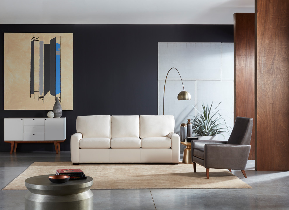 Идея дизайна: большая парадная, открытая гостиная комната в современном стиле с бетонным полом, серым полом и синими стенами без камина, телевизора