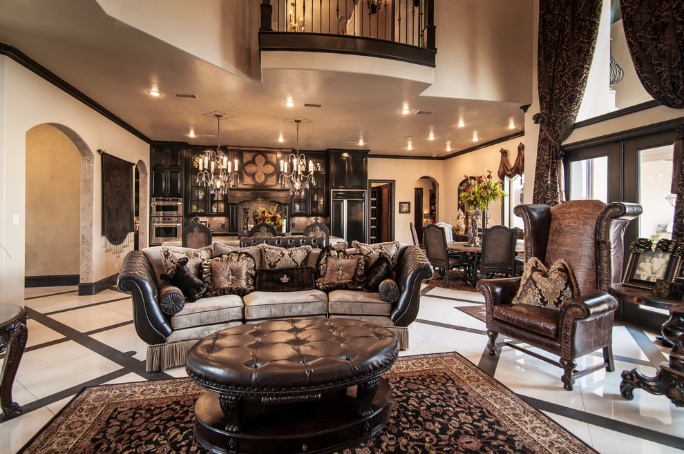 Example of a huge ornate formal and open concept porcelain tile living room design in Dallas with beige walls