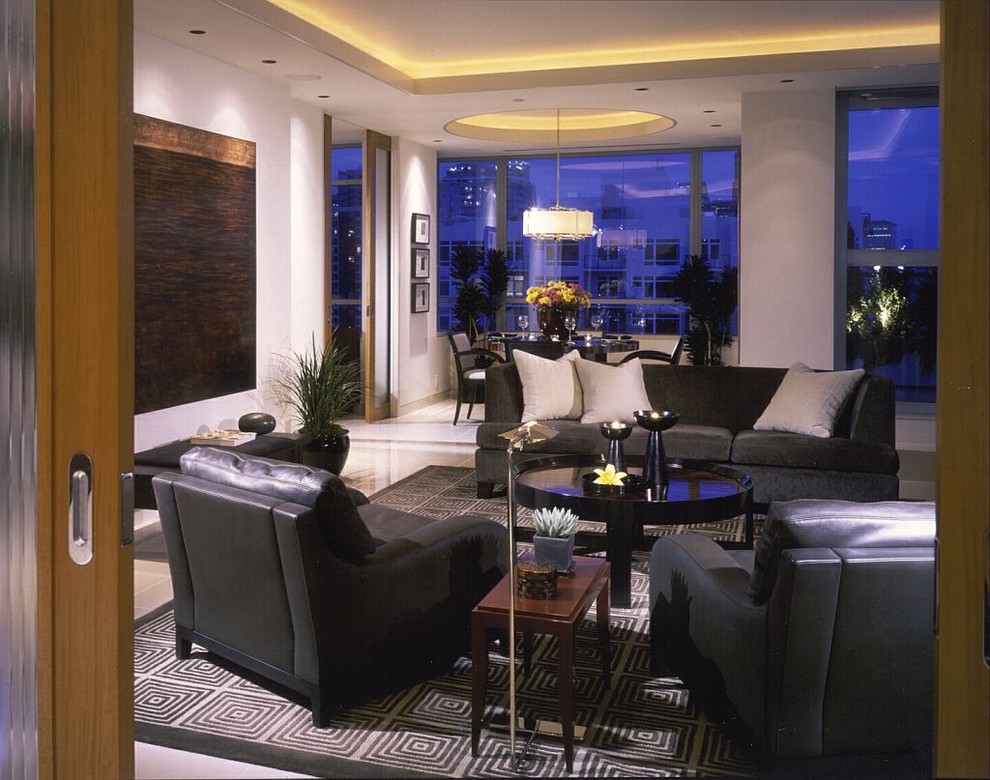 Living room - mid-sized contemporary living room idea in Seattle with white walls