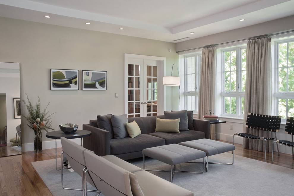 Modernes Wohnzimmer mit grauer Wandfarbe und braunem Holzboden in Boston