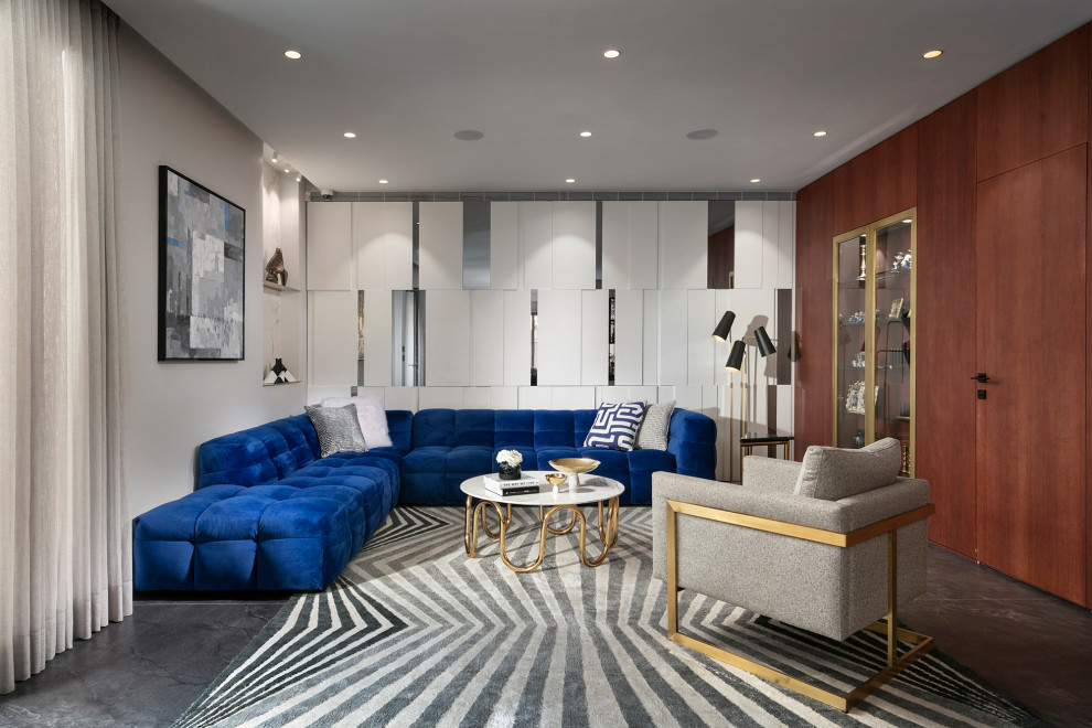 Свежая идея для дизайна: открытая гостиная комната в стиле модернизм без телевизора - отличное фото интерьера