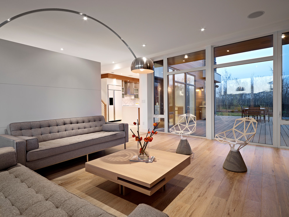 Foto di un soggiorno design con pareti grigie