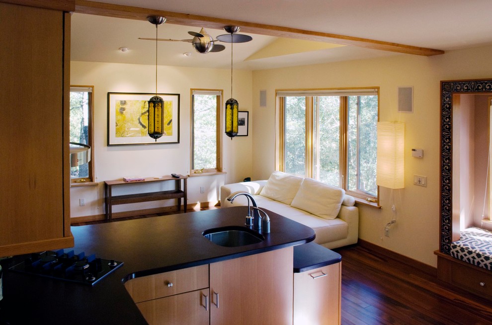 Immagine di un piccolo soggiorno minimal aperto con sala formale, TV autoportante, pavimento marrone, pareti gialle e parquet scuro