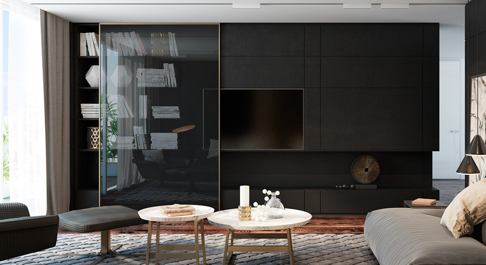 Ispirazione per un soggiorno moderno con sala formale, parquet scuro e parete attrezzata