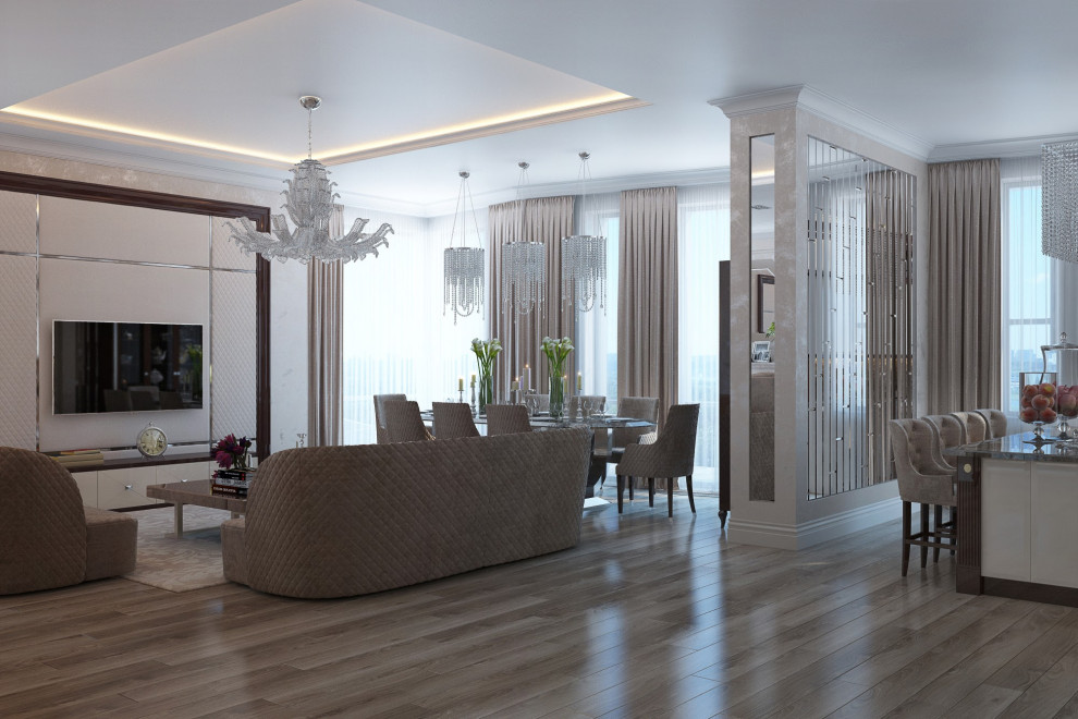 Foto di un soggiorno tradizionale chiuso con pareti beige, TV a parete, pavimento beige e soffitto a cassettoni