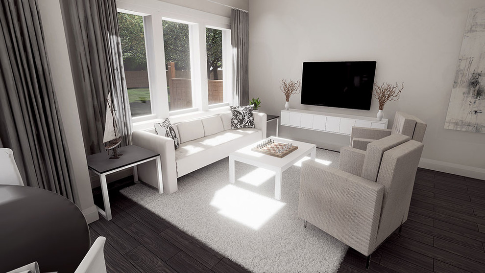 This is an example of a medium sized modern open plan living room in Toronto with beige walls, a wall mounted tv, brown floors and dark hardwood flooring.