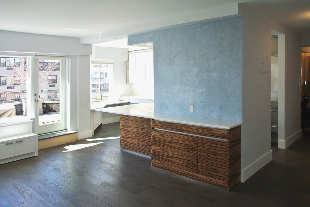 Aménagement d'un salon contemporain de taille moyenne et ouvert avec un mur bleu, un sol en bois brun et un téléviseur encastré.