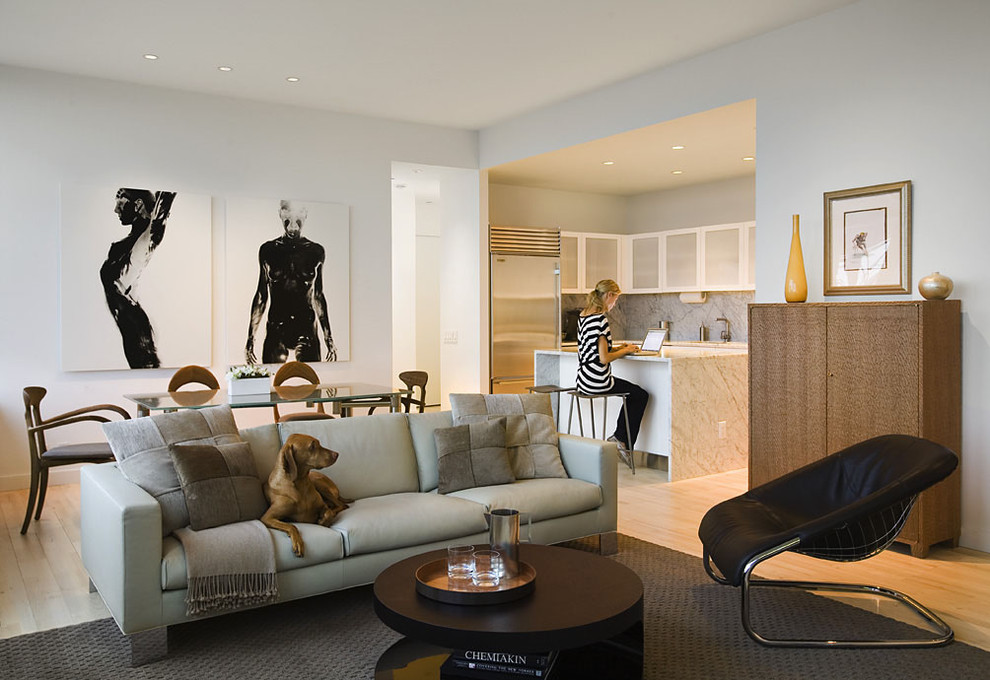 Living room - contemporary open concept living room idea in New York with white walls