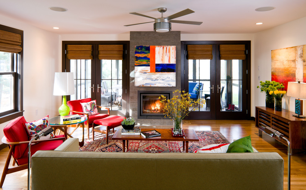 Inspiration for a contemporary living room remodel in Boston with a standard fireplace
