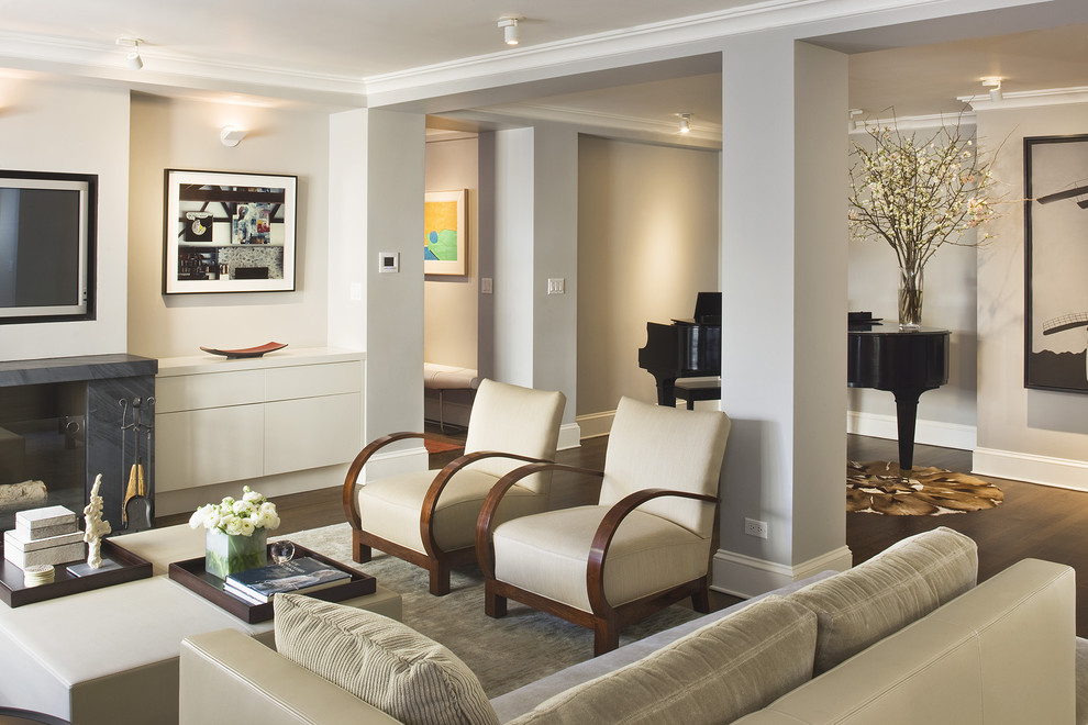 Пример оригинального дизайна: гостиная комната в стиле модернизм с белыми стенами