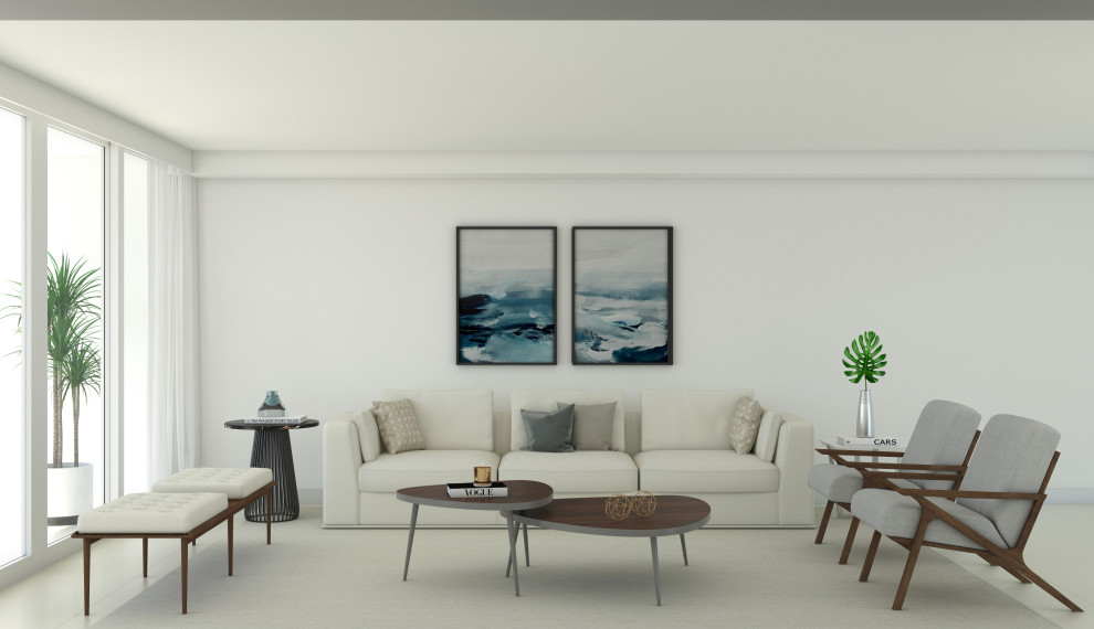 Idee per un soggiorno minimalista di medie dimensioni e aperto con sala formale, pareti bianche, pavimento con piastrelle in ceramica, nessuna TV e pavimento beige