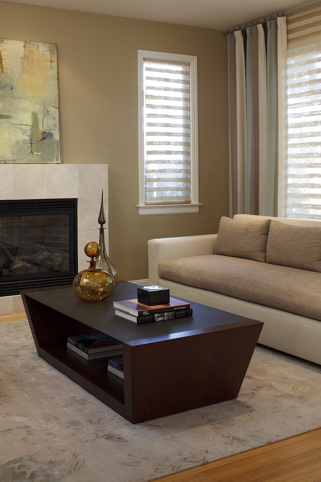 Contemporary living room curtain in Dallas with a tiled fireplace surround.
