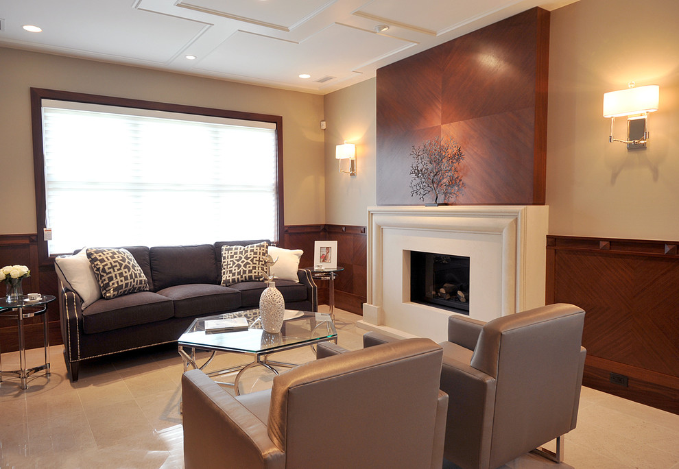 Inspiration for a medium sized contemporary formal open plan living room in Vancouver with beige walls, a standard fireplace, no tv, ceramic flooring, a concrete fireplace surround and beige floors.