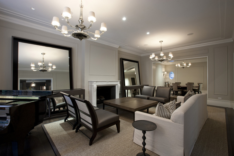 Living room - contemporary living room idea in Chicago with gray walls and a standard fireplace