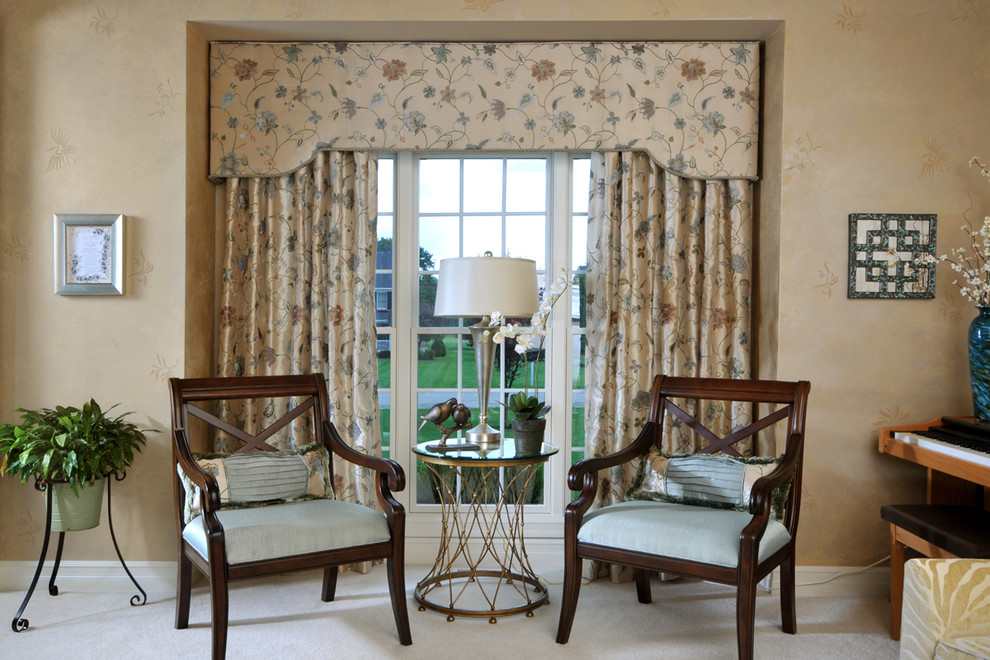 Example of a transitional open concept carpeted living room design in New York with a music area and beige walls