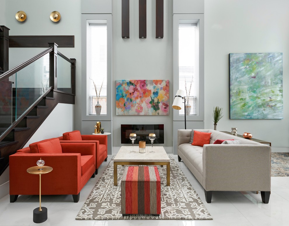 Mittelgroßes, Repräsentatives, Offenes Modernes Wohnzimmer mit grauer Wandfarbe und weißem Boden in Vancouver