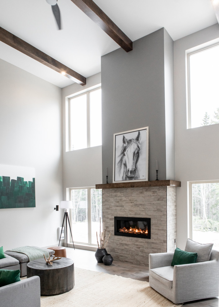 Photo of an expansive modern open plan living room in Other with laminate floors, a standard fireplace, a stone fireplace surround and a wall mounted tv.