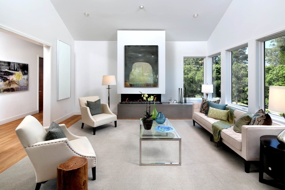 Mittelgroßes, Repräsentatives, Offenes Modernes Wohnzimmer mit weißer Wandfarbe, hellem Holzboden, Gaskamin, verputzter Kaminumrandung und braunem Boden in San Francisco