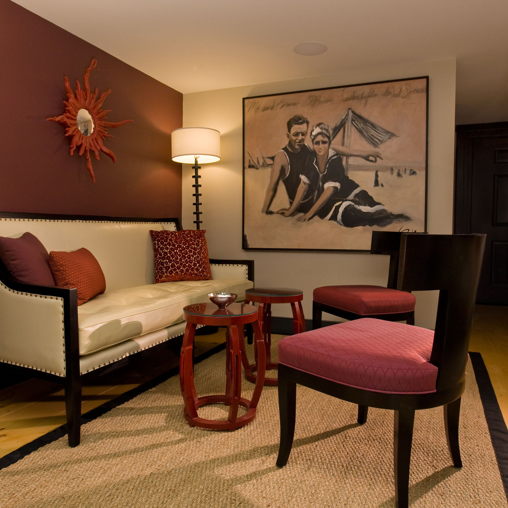 Example of a huge classic light wood floor living room design in Boston with brown walls, no fireplace and no tv