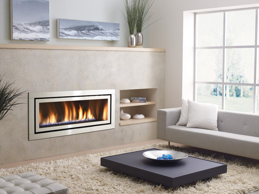 Inspiration for a living room in Vancouver with grey walls, a ribbon fireplace, a metal fireplace surround and no tv.
