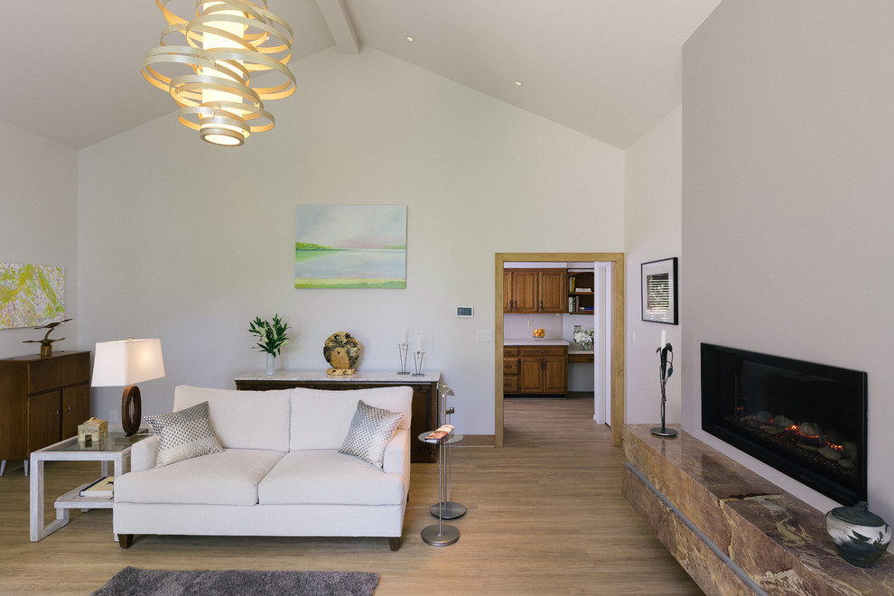 Источник вдохновения для домашнего уюта: большая изолированная гостиная комната в стиле модернизм с белыми стенами, светлым паркетным полом, горизонтальным камином, фасадом камина из камня и коричневым полом без телевизора