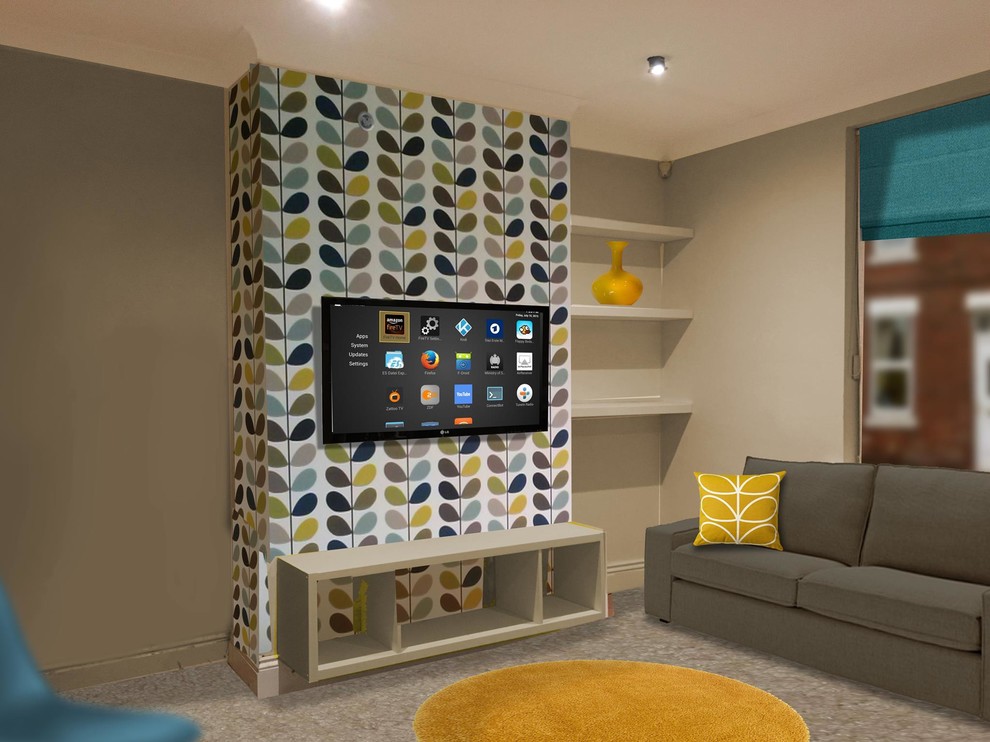 Mittelgroßes, Repräsentatives, Abgetrenntes Modernes Wohnzimmer ohne Kamin mit grauer Wandfarbe, Teppichboden und TV-Wand in London