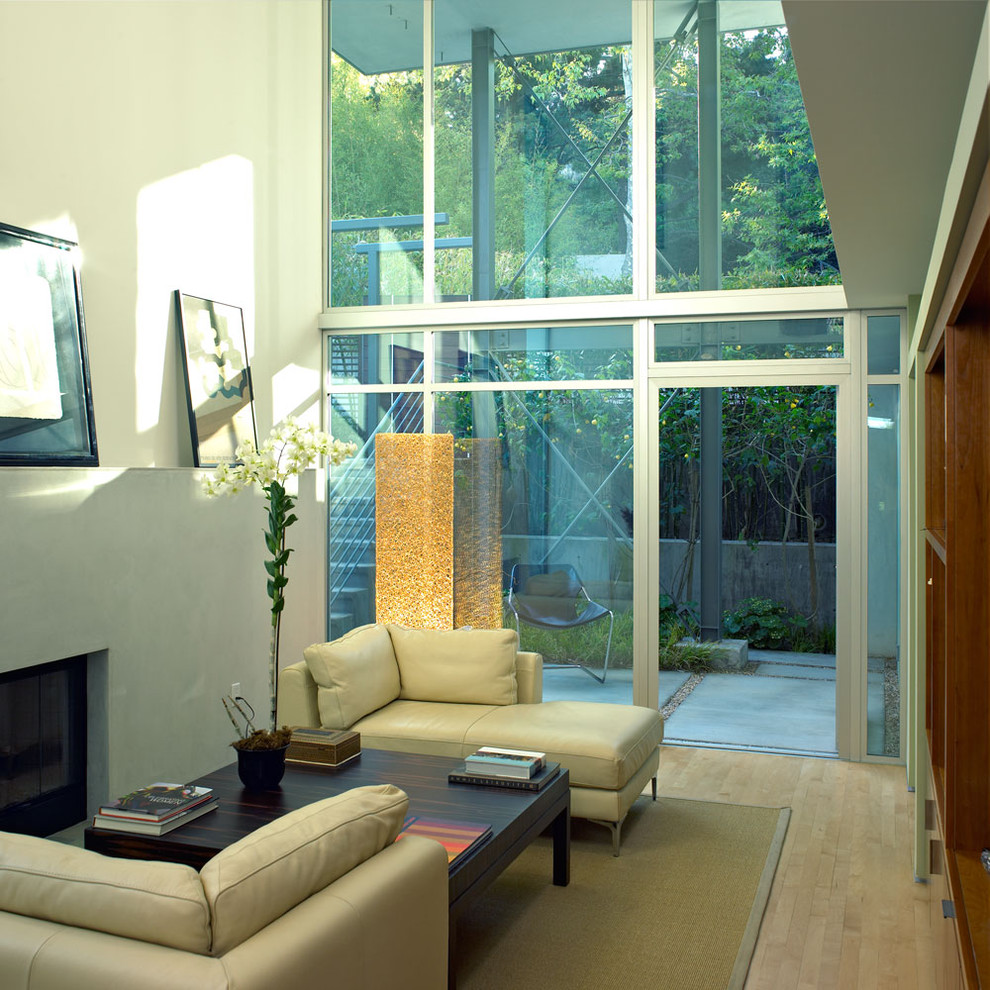 Foto di un soggiorno moderno con cornice del camino in cemento