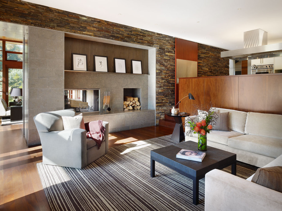 Стильный дизайн: гостиная комната в стиле модернизм с двусторонним камином и акцентной стеной - последний тренд