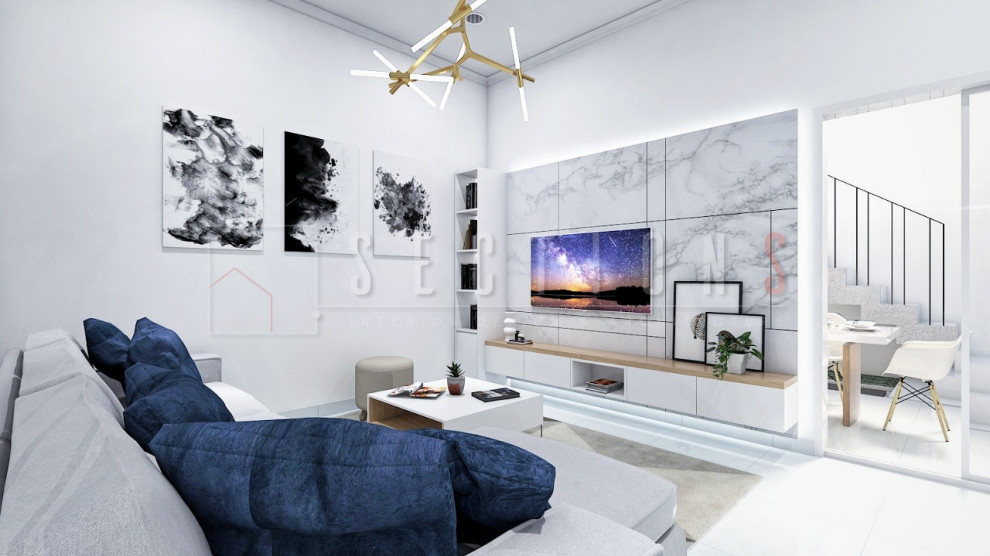 Bild på ett litet skandinaviskt loftrum, med ett finrum, vita väggar, klinkergolv i keramik, en öppen hörnspis, en väggmonterad TV och vitt golv