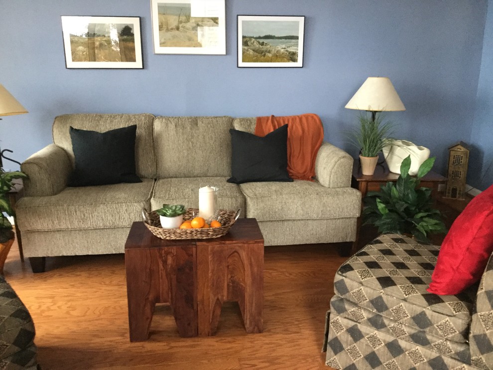 Imagen de salón para visitas cerrado contemporáneo de tamaño medio sin chimenea y televisor con paredes azules y suelo de madera en tonos medios