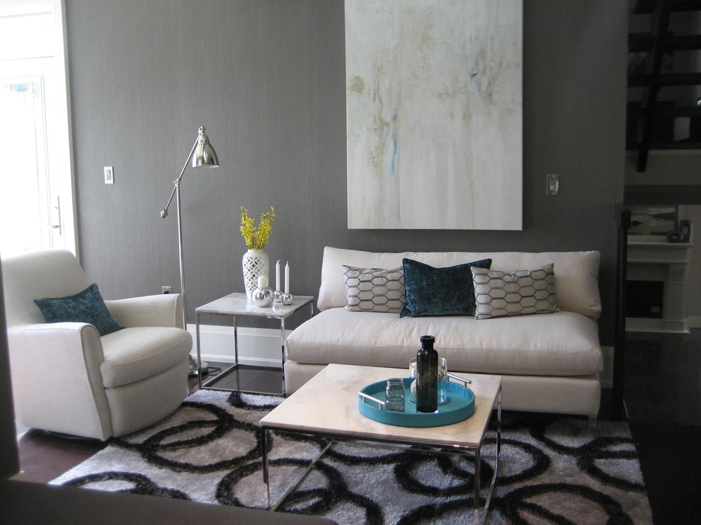 Living room - mid-sized contemporary open concept and formal dark wood floor and brown floor living room idea in Toronto with gray walls, no fireplace and no tv