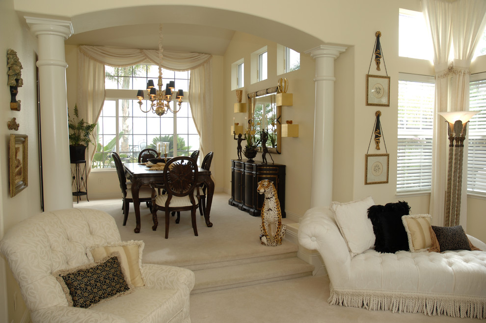 Inspiration for a large timeless open concept carpeted living room remodel in San Francisco with white walls