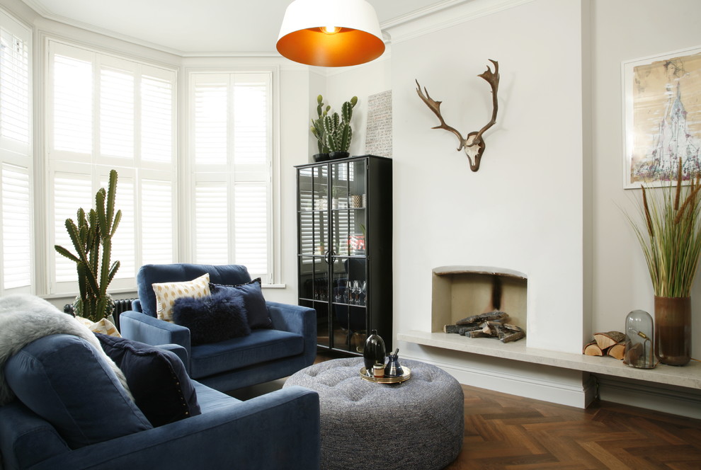 Photo of a medium sized scandi formal open plan living room in London with grey walls, dark hardwood flooring, a stone fireplace surround and no tv.