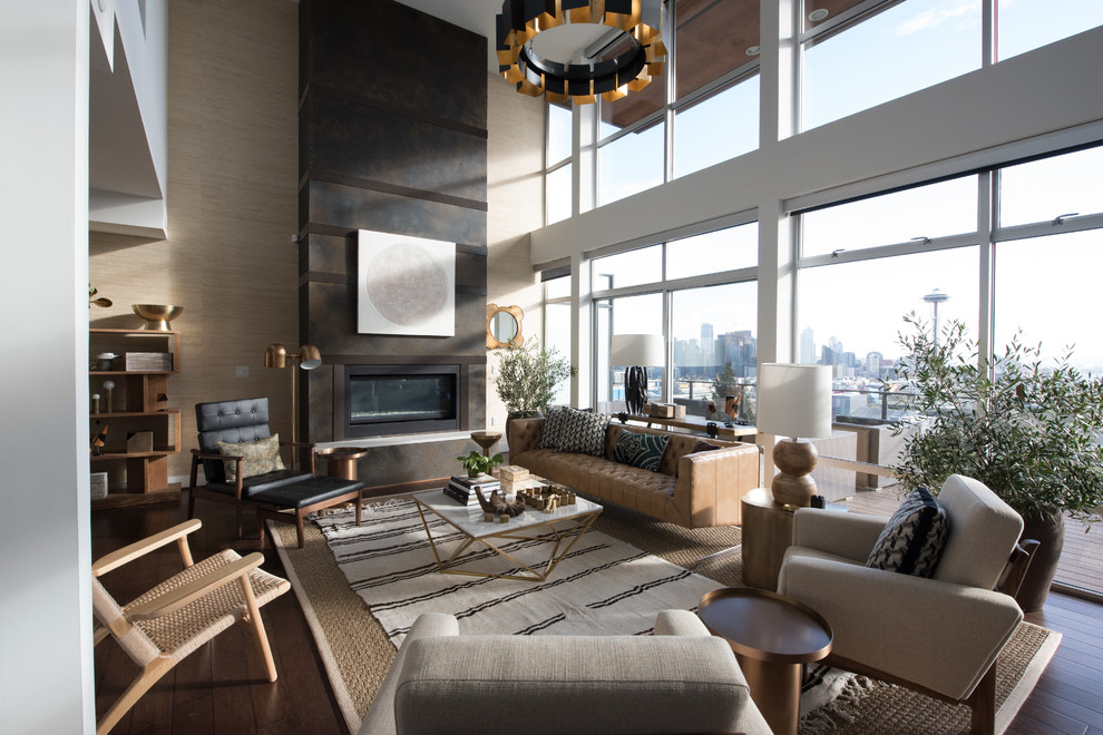 Contemporary formal living room in Seattle with beige walls, dark hardwood flooring, a ribbon fireplace and no tv.