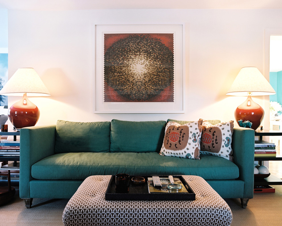 Example of an eclectic living room design in New York with white walls