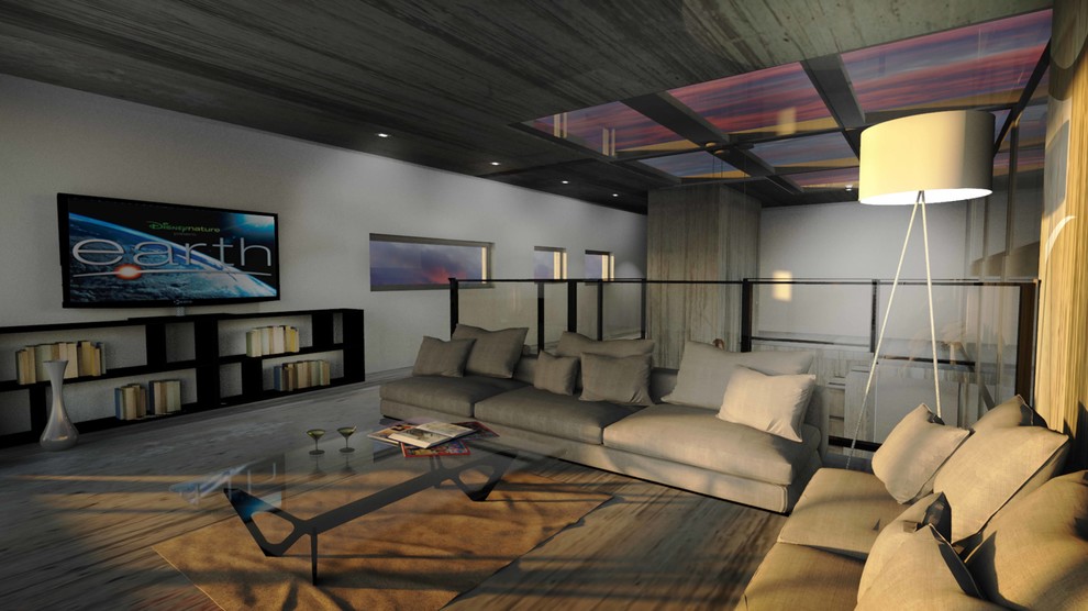 Idées déco pour un petit salon mansardé ou avec mezzanine contemporain avec un mur gris, sol en béton ciré et un téléviseur indépendant.